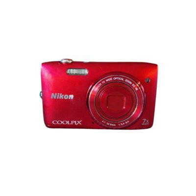 A classic compact digital camera from the prestigious Nikon brand, the Coolpix S3500 model, in a striking metallic red finish – available for hire for events, advertising, films and TV series