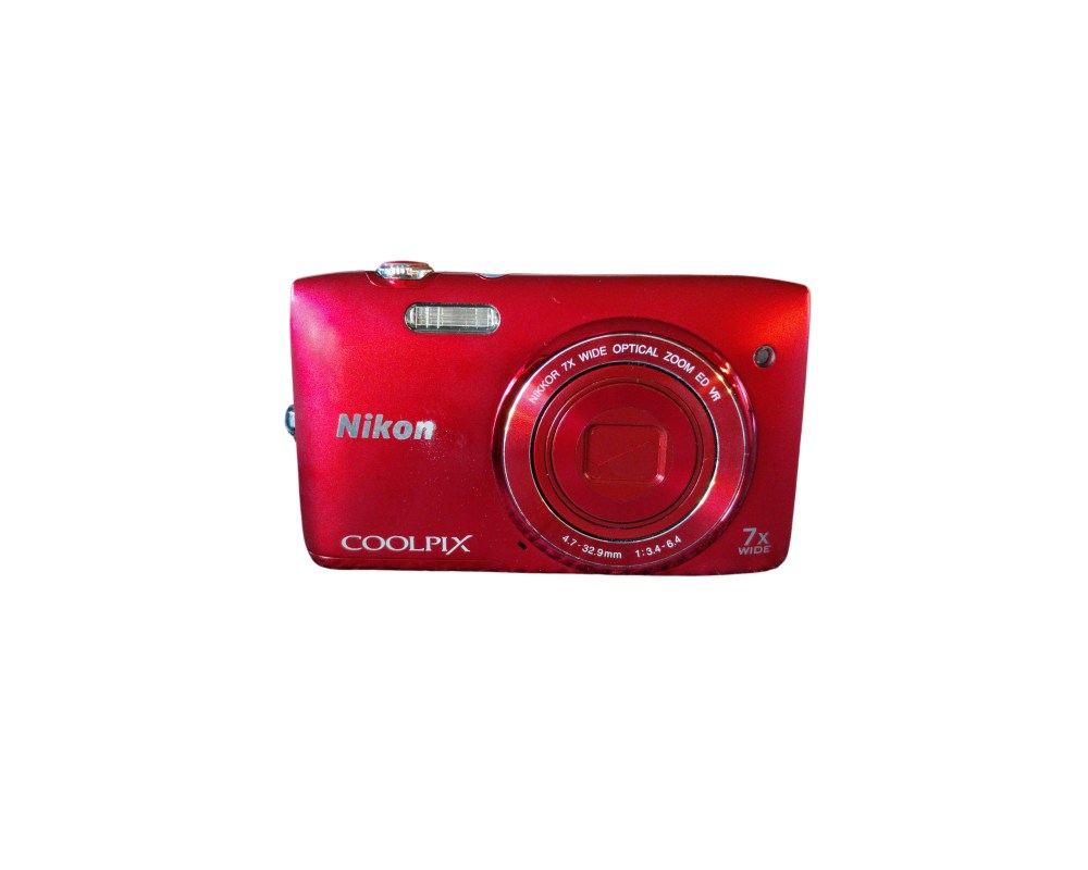 A classic compact digital camera from the prestigious Nikon brand, the Coolpix S3500 model, in a striking metallic red finish – available for hire for events, advertising, films and TV series