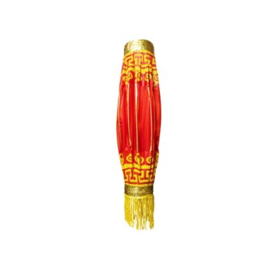 An elongated cylindrical hanging lantern, characterised by its red fabric body with decorative yellow fringes featuring geometric patterns, gold edging and a tassel of yellow fringes at the bottom; available for hire for events, advertising, films and TV series