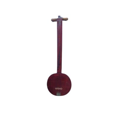 A traditional stringed musical instrument with a rustic wooden design, characterised by a flat, circular soundbox, a straight neck and a top pegbox with tuning pegs, all finished in reddish tones; available for hire for events, advertising, films and TV series