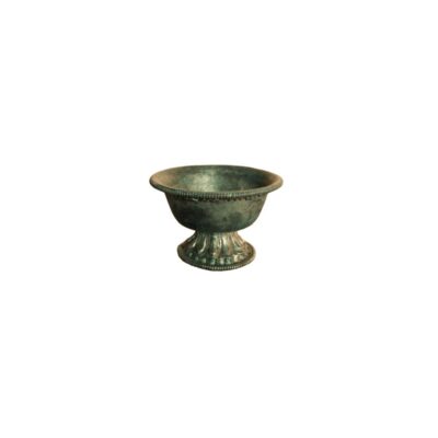 Metal bowl with an aged finish in shades of green and dark colours, characterised by a classic design with a corded rim, a concave body and a pedestal base decorated with fluted reliefs; available for hire for events, advertising, films and TV series