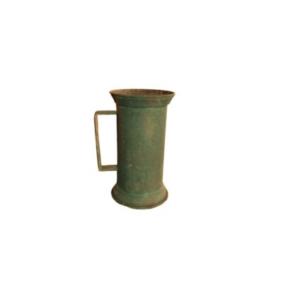 A cylindrical metal container with an aged green patina finish, characterised by a vertical design with a flared upper rim, a stable circular base and a rectangular-shaped side handle; available for hire for events, advertising, films and TV series