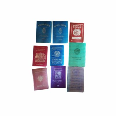 lote de pasaportes y documentos oficiales de identidad de diversos países y épocas, abarcando diferentes nacionalidades internacionales. Incluye ejemplares de pasaportes de la República Argentina, Bolivia, el Reino Unido, Francia, la República Checa y Bielorrusia, así como documentación de la antigua URSS alquiler para eventos, publicidad, peliculas y series