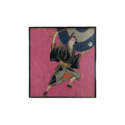 A square-framed artwork, characterised by an illustration on fabric depicting a male figure in a dynamic or theatrical pose, dressed in dark traditional clothing and holding a large parasol against a deep pink background; available for hire for events, advertising, films and TV series
