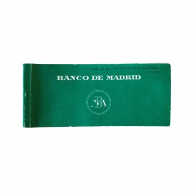 A vintage cheque book belonging to the historic Banco de Madrid, which also features a reference to the Círculo de la Unión Mercantil e Industrial – available for hire for events, advertising, films and TV series