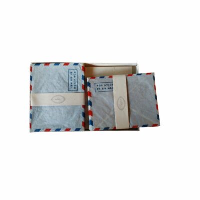 A complete, original period box containing writing paper and envelopes intended for ‘Air Mail’ correspondence; available for hire for events, advertising, films and TV series