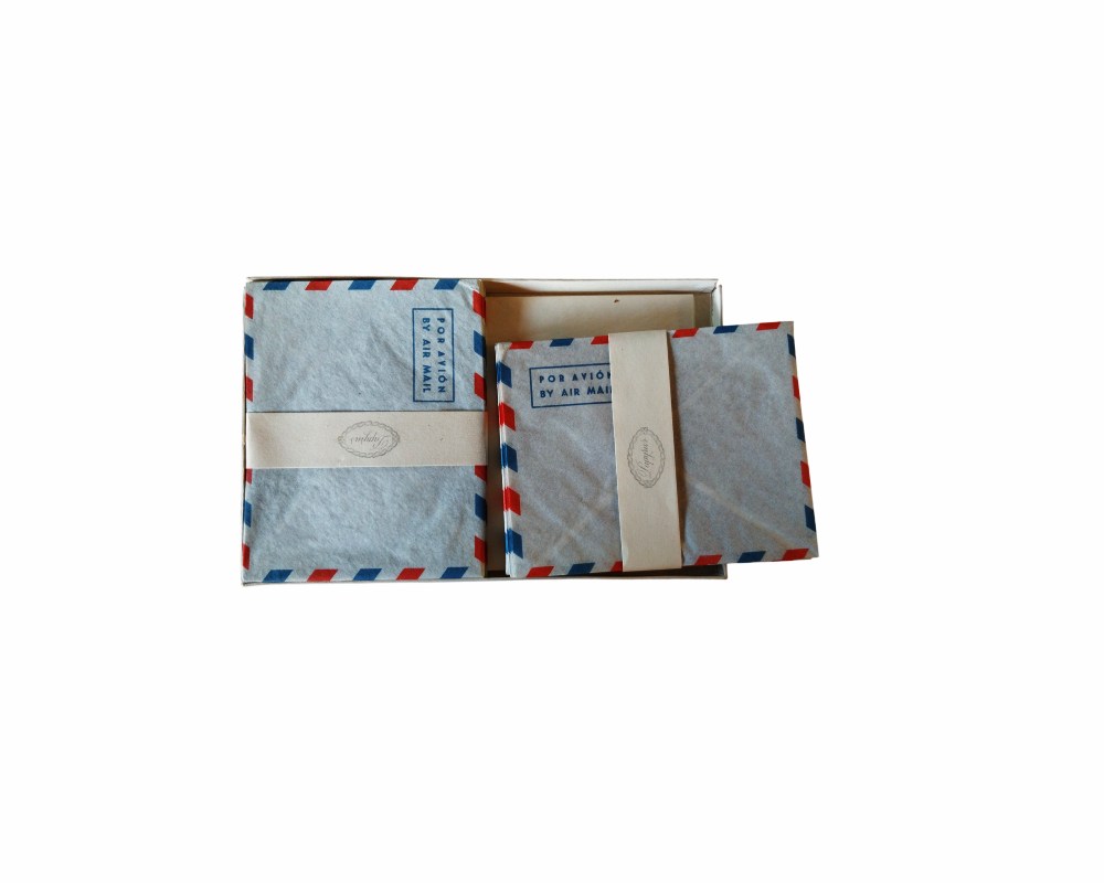 A complete, original period box containing writing paper and envelopes intended for ‘Air Mail’ correspondence; available for hire for events, advertising, films and TV series
