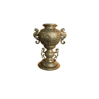 A ritual metal cup with an aged finish, characterised by an elaborate design featuring a domed body, a wide base with decorative perforations, and multiple side handles in zoomorphic and dragon shapes; available for hire for events, advertising, films and TV series