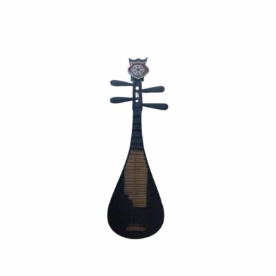 a traditional stringed musical instrument of Asian origin, characterised by a pear-shaped body, a short neck with numerous raised frets, and an upper pegbox with four tuning pegs and a decorative floral motif; available for hire for events, advertising, films and TV series