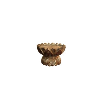 A circular pedestal inspired by a lotus flower, featuring carved petals on both the upper section and the base, with a gold-toned finish and a traditional-looking aged patina. Available for hire for events, advertising, films and TV series.
