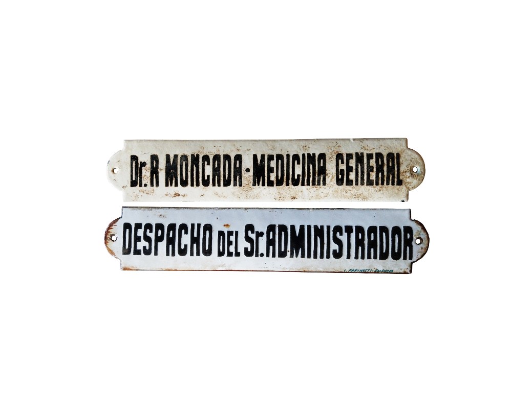 Set of three vintage professional and institutional road signs from the mid-20th century, available for hire for events, advertising, films and TV series