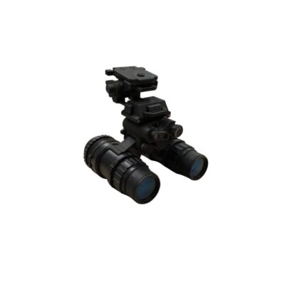 black twin-tube (binocular) optical night-vision device, featuring specialised lenses, adjustment controls and an upper mounting bracket for tactical helmets; available for hire for events, advertising, films and TV series