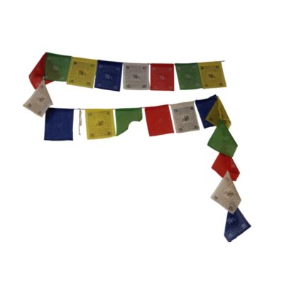 A decorative garland comprising numerous fabric pennants in traditional colours (blue, white, red, green and yellow), featuring prints of sacred texts and mystical figures such as the wind horse; available for hire for events, advertising, films and TV series