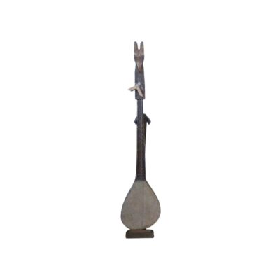 a traditional stringed musical instrument with a rustic wooden design, characterised by an oval-shaped soundbox, an elongated neck with carved details and a top pegbox crowned by a distinctive animal-head sculpture; available for hire for events, advertising, films and TV series