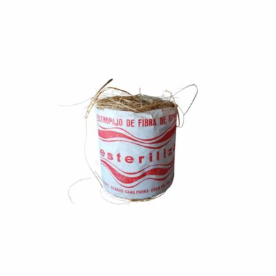 Antique traditional scourer made from natural esparto fibre, still in its original printed paper wrapper in shades of red, bearing the inscription ‘Sterilised esparto fibre scourer’ – available for hire for events, advertising, films and TV series