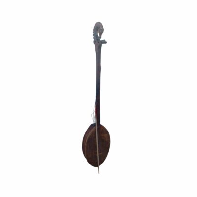 a traditional stringed musical instrument with a rustic wooden design, characterised by an oval-shaped soundbox, an elongated neck and a top pegbox crowned by an elegant carved sculpture in the shape of an animal’s head; available for hire for events, advertising, films and TV series