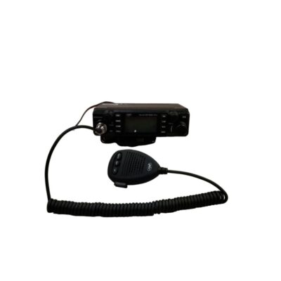 PNI Escort HP 9001 Pro mobile CB radio, designed to operate at 12V and 24V, and includes its hand-held microphone with a coiled cable. The unit features a digital display, front-panel controls and advanced functions such as adjustable ASQ, channel scanning and ANL noise filter, and is supplied in its original packaging, which details its technical specifications. Available for hire for events, advertising, films and TV series.