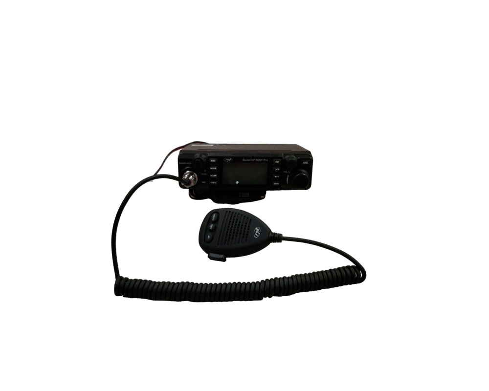 PNI Escort HP 9001 Pro mobile CB radio, designed to operate at 12V and 24V, and includes its hand-held microphone with a coiled cable. The unit features a digital display, front-panel controls and advanced functions such as adjustable ASQ, channel scanning and ANL noise filter, and is supplied in its original packaging, which details its technical specifications. Available for hire for events, advertising, films and TV series.