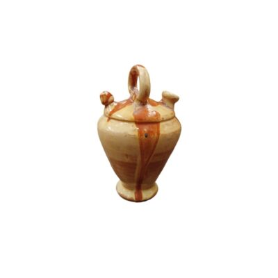 A small traditional ceramic jug with a flared, slender base, a bulbous body, an arched handle at the top, a spout and a rim, characterised by a light glazed finish with striking veining; available for hire for events, advertising, films and TV series