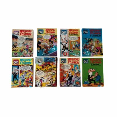 A collection of classic comic books from the iconic ‘Olé!’ series featuring Mortadelo and Filemón, created by the renowned author Francisco Ibáñez. It features the original illustrated covers with amusing scenes featuring the famous T.I.A. agents – available for hire for events, advertising, films and TV series.