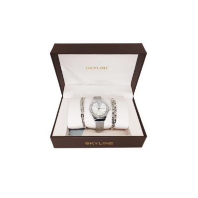 A jewellery and watch set from the SKYLINE brand, presented in a brown case with a light-coloured interior and the logo printed on it, comprising a silver wristwatch with a decorated dial and two matching bracelets; available for hire for events, advertising, films and TV series