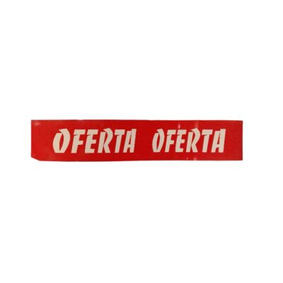 A rectangular sign in a horizontal format with a deep red background and the commercial slogan ‘OFFER’ repeated in a clear, stylised font; available for hire for events, advertising, films and TV series