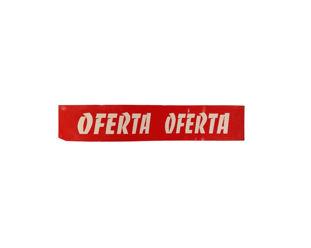 A rectangular sign in a horizontal format with a deep red background and the commercial slogan ‘OFFER’ repeated in a clear, stylised font; available for hire for events, advertising, films and TV series