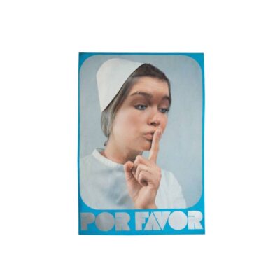Vertical-format decorative print featuring a retro and pop art-style design, centred on a photograph of a nurse in a cap asking for silence with her finger to her lips against a blue background, accompanied by the text ‘PLEASE’ at the bottom. Available for hire for events, advertising, films and TV series