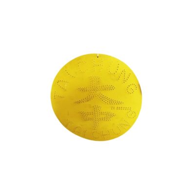 A yellow circular plaque with a perforated design featuring Asian characters in the centre and the circular inscription ‘TAICHUNG’ around the edge; available for hire for events, advertising, films and TV series
