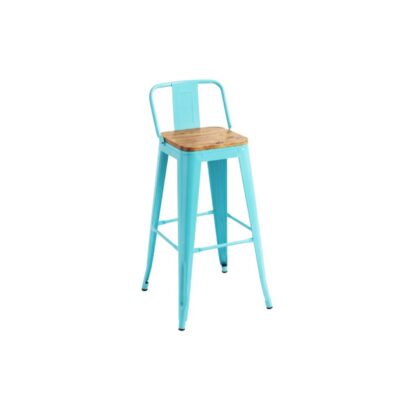 taburete alto de diseño industrial de estilo Tolix en color azul turquesa, caracterizado por su estructura metálica robusta, asiento de madera natural, reposapiés perimetral integrado y un respaldo bajo extraíble alquiler para eventos, publicidad, peliculas y series