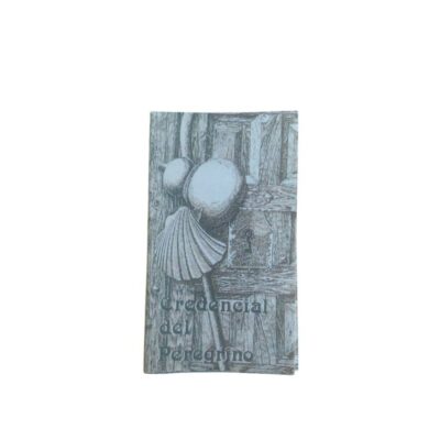 an official booklet in portrait format entitled ‘Pilgrim’s Credential’, featuring a cover illustrated with a classical engraving depicting traditional symbols of the Way of St James, such as the scallop shell and the gourd hanging above a wooden door; available for hire for events, advertising, films and TV series