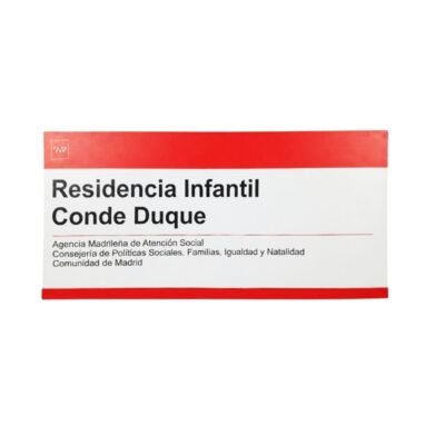 A rectangular sign in landscape format with red bands at the top and bottom, bearing the inscription ‘Residencia Infantil Conde Duque’ alongside the institutional logos of the Madrid Social Care Agency of the Community of Madrid; available for hire for events, advertising, films and TV series
