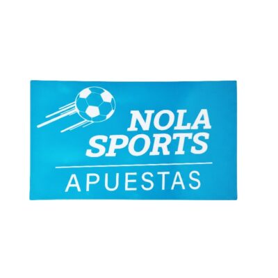 A rectangular sign in landscape format with a bright blue background, a football in flight, and the inscriptions ‘NOLA SPORTS’ and ‘APUESTAS’ in white lettering; available for hire for events, advertising, films and TV series
