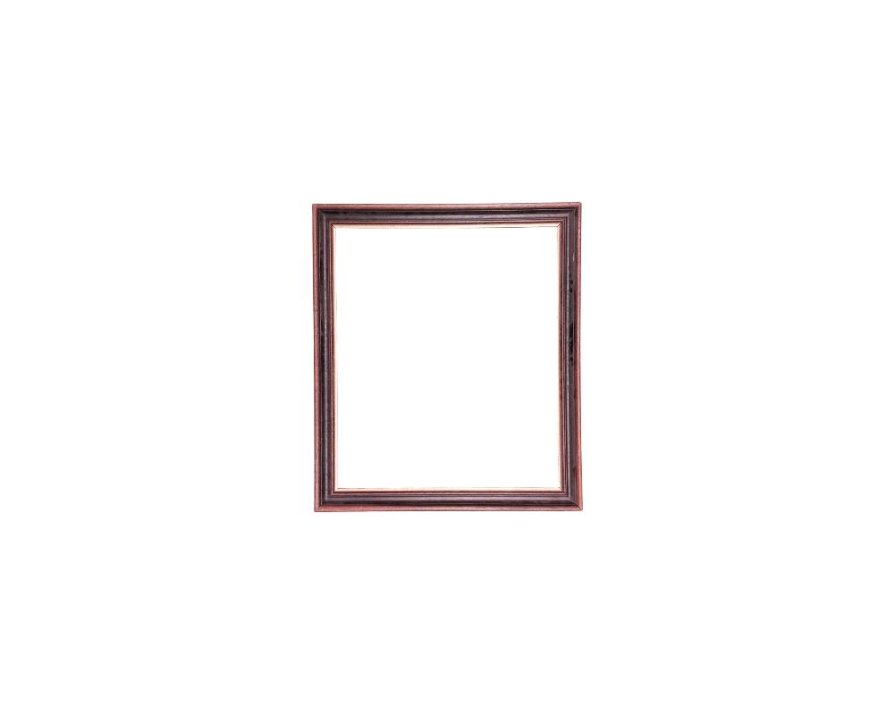Square wooden picture frame, characterised by a classic moulding with finishes in dark or black tones combined with subtle lines and an inner border in a shiny copper tone. External dimensions: 71x62. Internal dimensions: 61x52. Available for hire for events, advertising, films and TV series