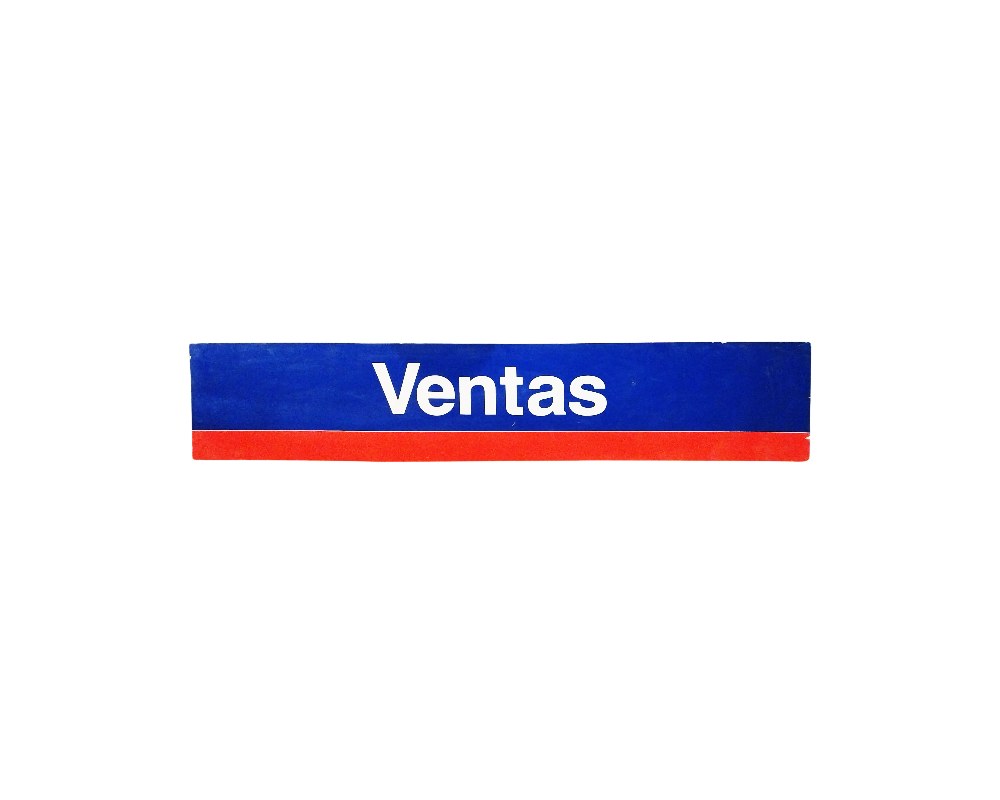 A rectangular sign in a horizontal format with the characteristic suburban signage design, displaying the name ‘Ventas’ in white lettering on a blue background with a red strip at the bottom; available for hire for events, advertising, films and TV series