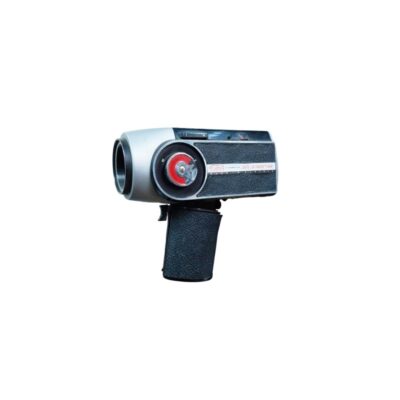 A vintage Eumig Super 8 analogue film camera, characterised by its streamlined body in shades of silver and dark tones with a textured finish, a circular dial on the side with red detailing, and an ergonomic vertical grip; available for hire for events, advertising, films and TV series
