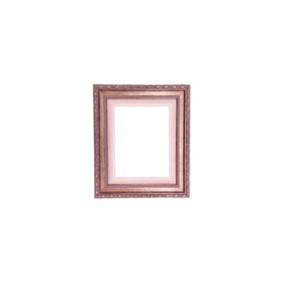 A vertical wooden picture frame, characterised by a wide, ornate moulding with textured reliefs and a stepped design that incorporates a wide inner mat in shades of copper and pale pink. External dimensions: 54x46. Internal dimensions: 36 x 28. Available for hire for events, advertising, films and TV series