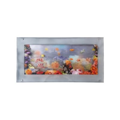 A rectangular decorative sign in a horizontal format, featuring a translucent border and an interior scene depicting a colourful seabed with coral reefs and various fish; available for hire for events, advertising, films and TV series