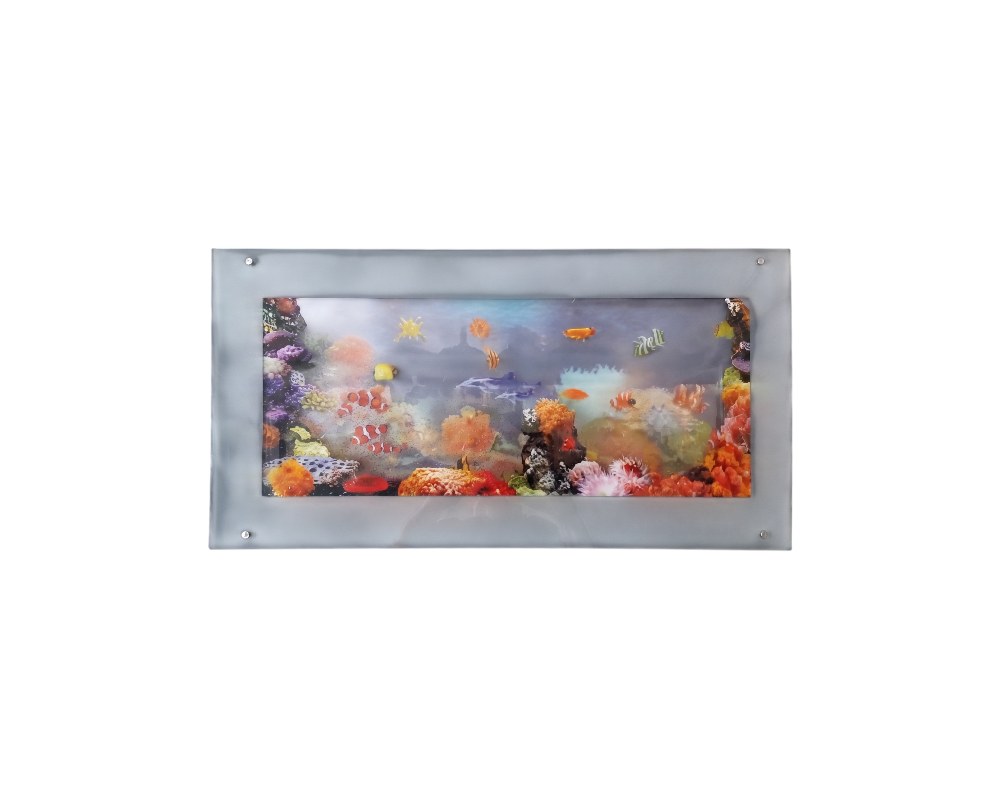 A rectangular decorative sign in a horizontal format, featuring a translucent border and an interior scene depicting a colourful seabed with coral reefs and various fish; available for hire for events, advertising, films and TV series