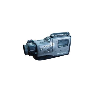 Sony analogue camcorder, Handycam model with Video 8 system, characterised by its compact horizontal body in shades of grey and black, top handle and integrated controls; available for hire for events, advertising, films and TV series