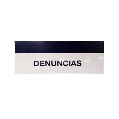 a rectangular sign in landscape format with a light background and a dark strip at the top, bearing the inscription ‘DENUNCIAS’ in black lettering; available for hire for events, advertising, films and TV series