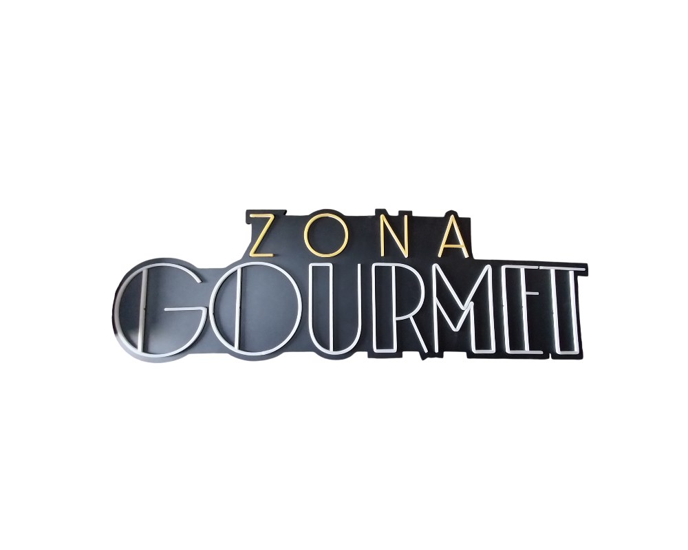 A cut-out sign with a modern and elegant design, featuring the word ‘ZONA’ at the top and ‘GOURMET’ in large letters outlined in a metallic or dark finish. It boasts a commercial, sophisticated and distinctive aesthetic that is very typical of signage for dining venues and markets – a cut-out sign with a modern and elegant design, featuring the word ‘ZONA’ at the top and ‘GOURMET’ in large letters outlined in a metallic or dark finish. It boasts a commercial, sophisticated and distinctive aesthetic that is very typical of signage for gastronomic venues, markets, event hire, advertising, films and TV series.