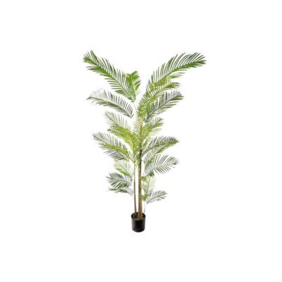 palmera artificial alta presentada en una maceta base, caracterizada por un tronco vertical del que emergen numerosas frondas esbeltas y curvadas con hojas finamente divididas en un tono verde claro alquiler para eventos, publicidad, peliculas y series