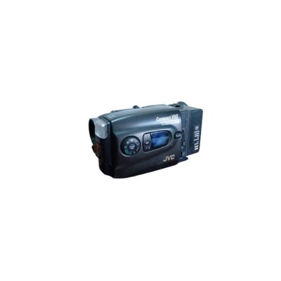An analogue camcorder by JVC for the Compact VHS format, characterised by its compact, rounded body in dark colours with side control dials and a built-in viewfinder; available for hire for events, advertising, films and TV series