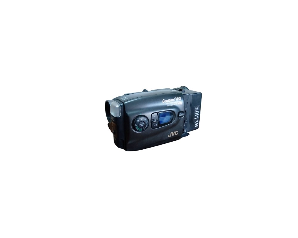 An analogue camcorder by JVC for the Compact VHS format, characterised by its compact, rounded body in dark colours with side control dials and a built-in viewfinder; available for hire for events, advertising, films and TV series