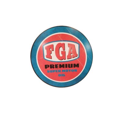 A circular metal advertising sign, characterised by a retro design in red, blue and white, featuring the inscriptions ‘FGA’, ‘PREMIUM’ and ‘SUPER MOTOR OIL’. Available for hire for events, advertising, films and TV series