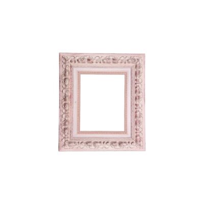 A vertical wooden picture frame, characterised by a very wide, ornate moulding featuring deep floral and geometric reliefs, with an aged or distressed finish in shades of pink and white. External dimensions: 60x52 Internal dimensions: 36x28 Available for hire for events, advertising, films and TV series