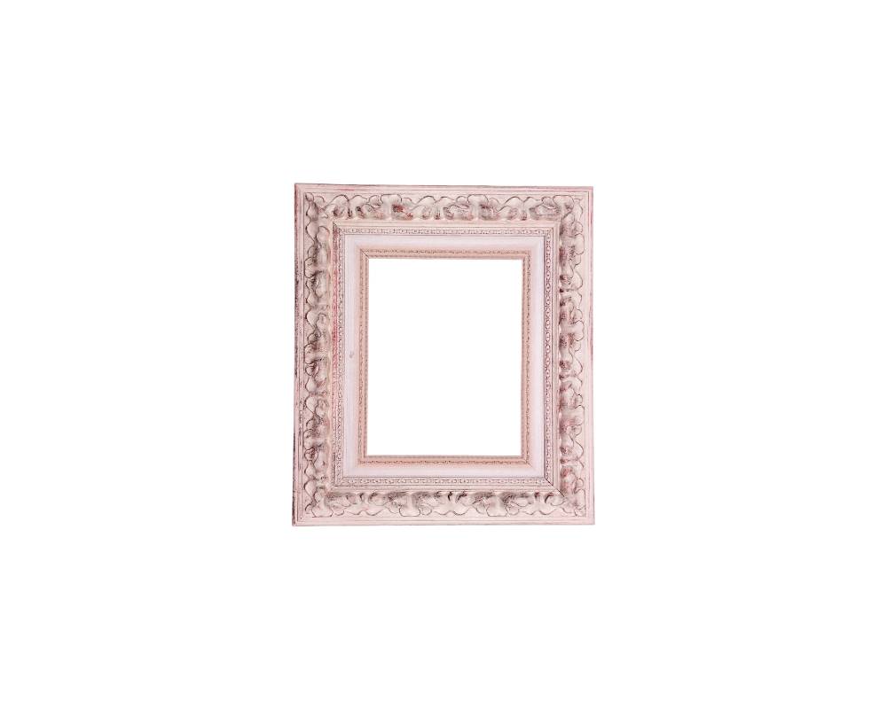 A vertical wooden picture frame, characterised by a very wide, ornate moulding featuring deep floral and geometric reliefs, with an aged or distressed finish in shades of pink and white. External dimensions: 60x52 Internal dimensions: 36x28 Available for hire for events, advertising, films and TV series