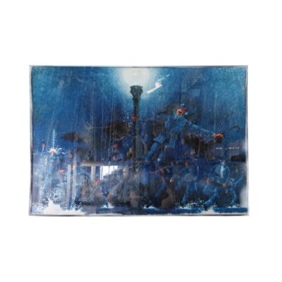 A rectangular decorative picture in landscape format with a lenticular optical effect, depicting a night-time scene dominated by shades of blue in which human figures interact in the rain and under streetlights; available for hire for events, advertising, films and TV series