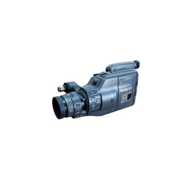 Sony analogue camcorder, Handycam model with Video 8 system, featuring a horizontal body in shades of grey and black, an 8x built-in zoom lens and side-mounted controls; available for hire for events, advertising, films and TV series